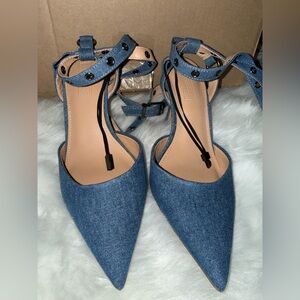 Express Blue Denim Ankle Strap Heels
